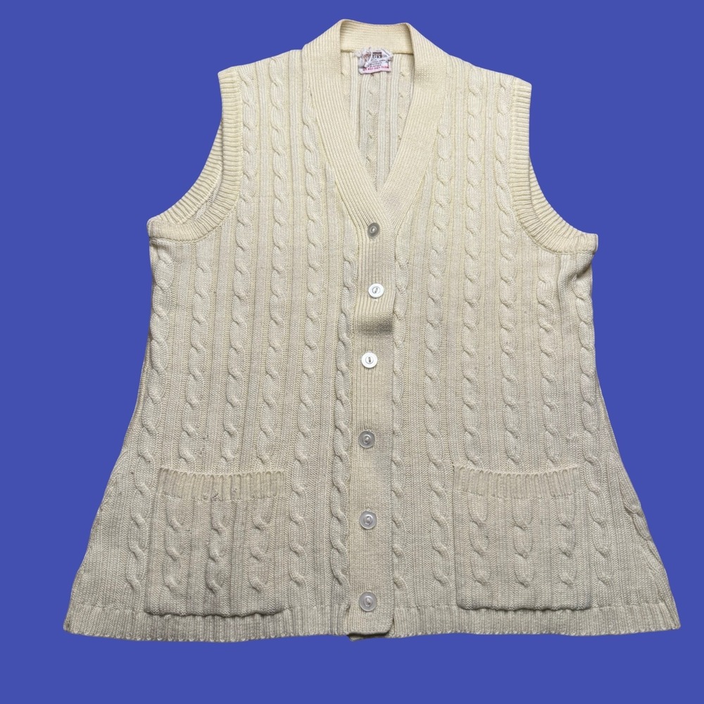 Vintage 70s Montgomery Ward Womens Sweater Vest M Cream Cable Knit Cardigan